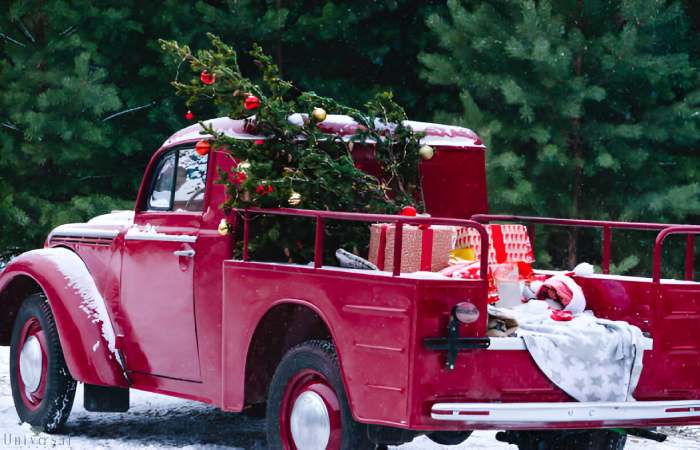 Where did the little red truck hauling a Christmas tree come from_